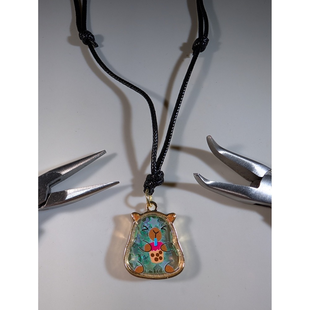 Capybara Boba Tea Pendant Necklace Black Cord Adjustable Kawaii Animal Jewelry‎